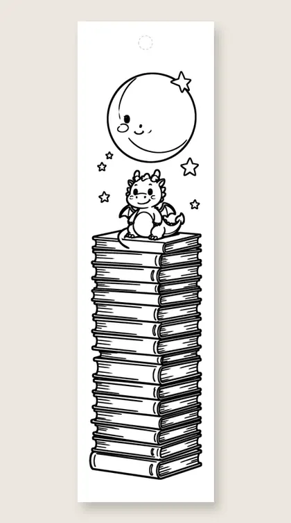 Dragon on a stack of storybooks: dragon coloring bookmark