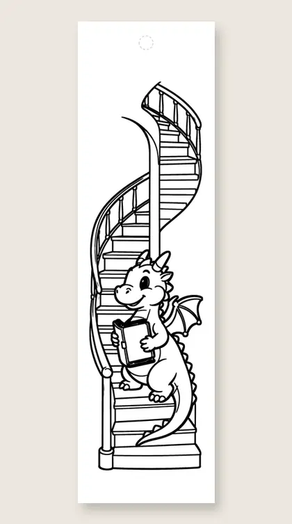 Dragon carrying a book upstairs: coloring bookmark