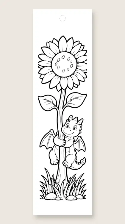 Dragon and a tall sunflower: dragon coloring bookmark