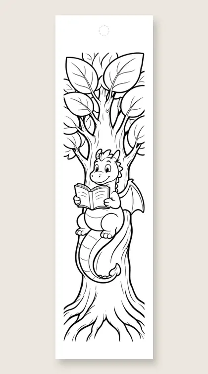 Dragon reading in a tree: dragon coloring bookmark