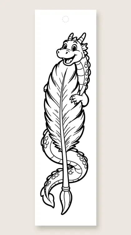 Dragon wrapped around a quill: coloring bookmark