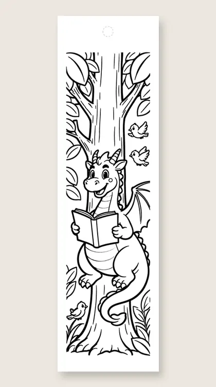 Dragon reading up a tree: coloring bookmark
