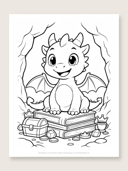 Baby dragon on a pile of books: dragon coloring page