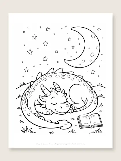 Sleepy dragon under the moon: dragon coloring page