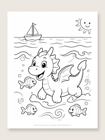 Dragon at the seaside: dragon coloring page