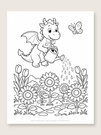 Dragon in the flower garden: dragon coloring page