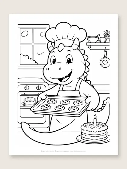 Dragon bakes cookies: dragon coloring page