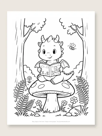 Baby dragon in the forest: dragon coloring page
