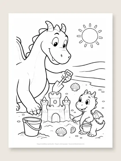 Dragons building a sandcastle: dragon coloring page