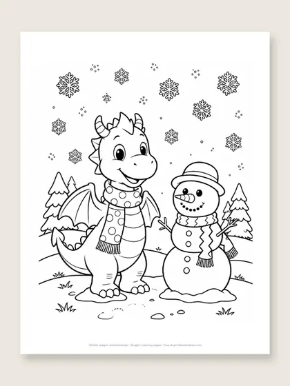Winter dragon and snowman: dragon coloring page