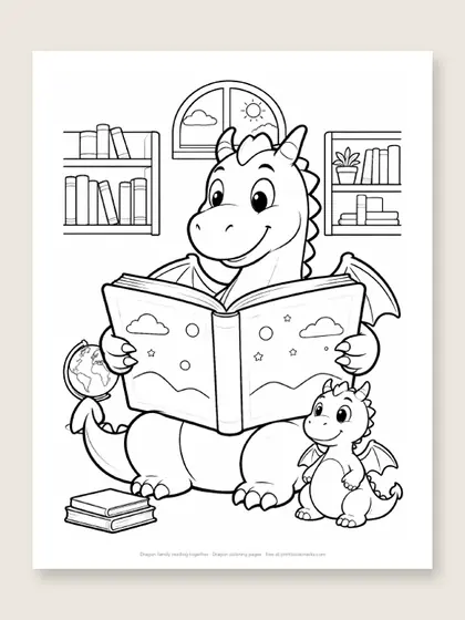 Dragon family reading together: dragon coloring page