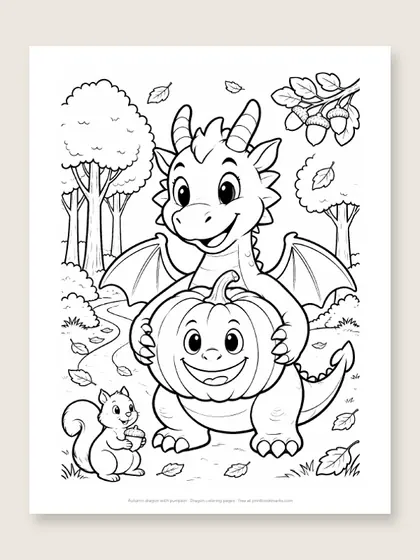 Autumn dragon with pumpkin: dragon coloring page