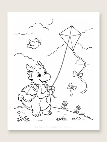 Dragon flying a kite: dragon coloring page
