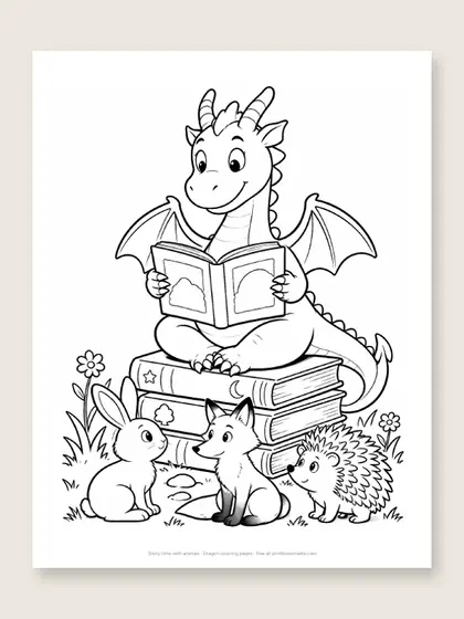 Story time with animals: dragon coloring page