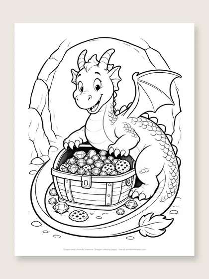 Dragon and a friendly treasure: dragon coloring page