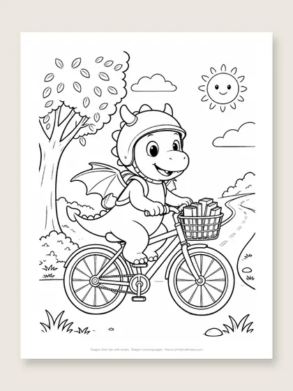 Dragon bike ride with books: dragon coloring page