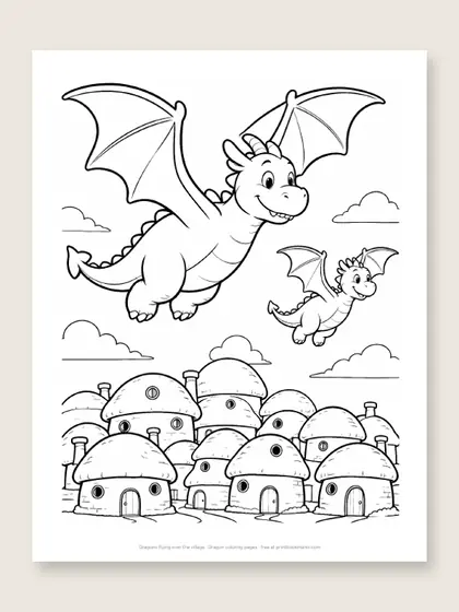 Dragons flying over the village: dragon coloring page