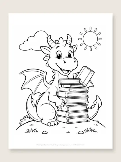 Dragon guarding a book hoard: dragon coloring page