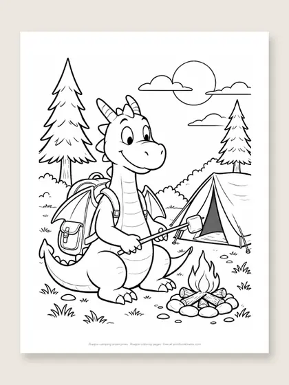 Dragon camping under pines: dragon coloring page