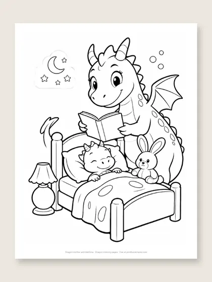Dragon mother and bedtime: dragon coloring page