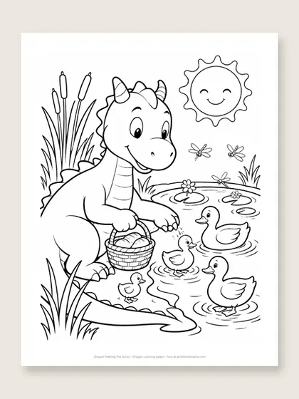 Dragon feeding the ducks: dragon coloring page