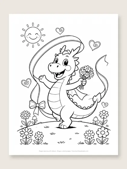Dragon dancing with ribbons: dragon coloring page
