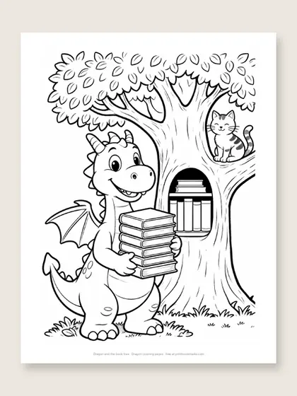 Dragon and the book tree: dragon coloring page