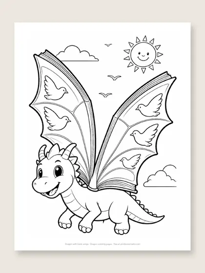Dragon with book wings: dragon coloring page