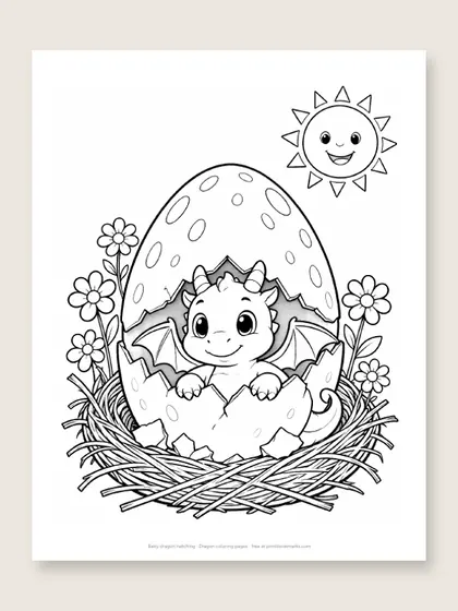Baby dragon hatching: dragon coloring page