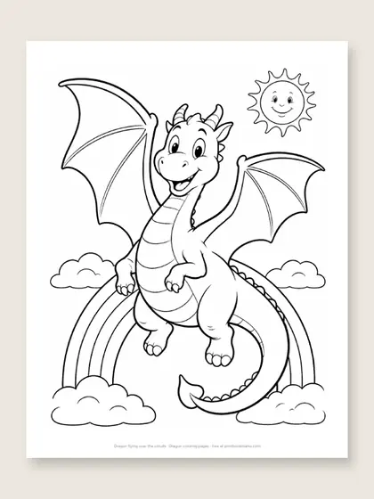 Dragon flying over the clouds: dragon coloring page