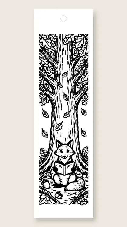 Fox reading under oak: coloring bookmark