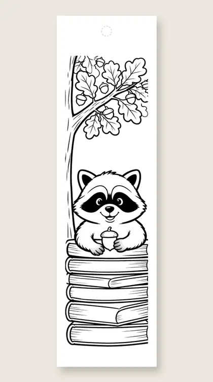Raccoon and acorn books: fall coloring bookmark