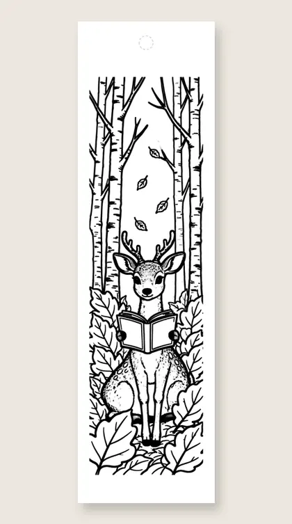 Deer reading in the woods: fall coloring bookmark