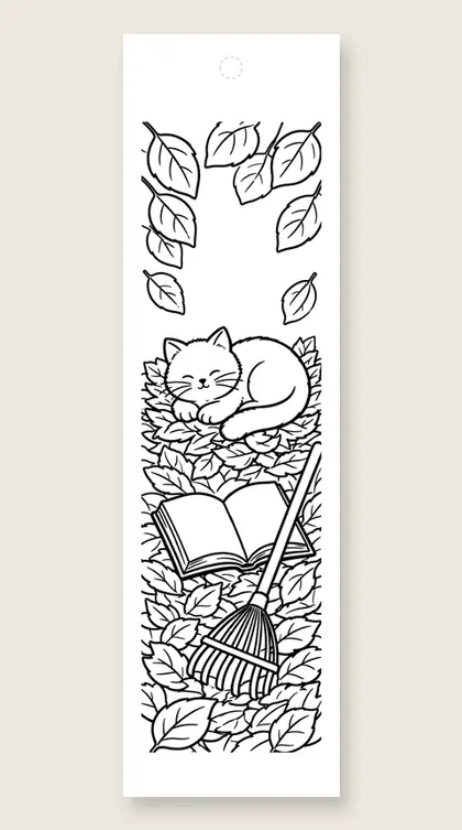 Cat in a leaf pile: fall coloring bookmark