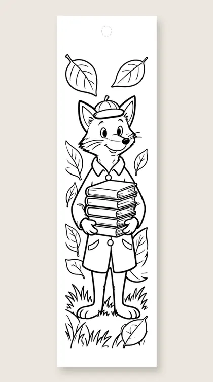 Fox and the fall bookshelf: fall coloring bookmark