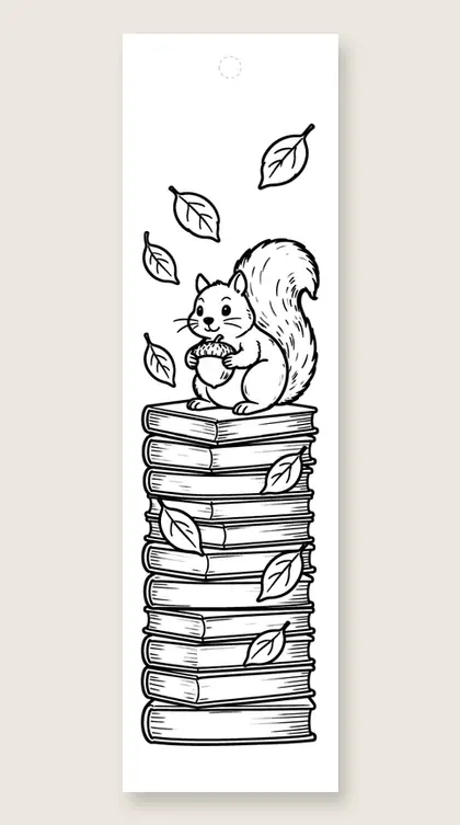 Squirrel on the book stack: coloring bookmark