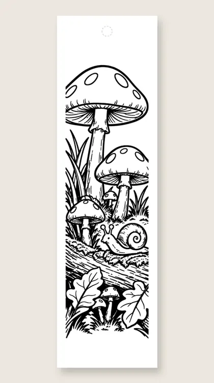 Mushrooms on a mossy log: fall coloring bookmark