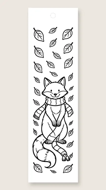 Fox in autumn scarf: fall coloring bookmark