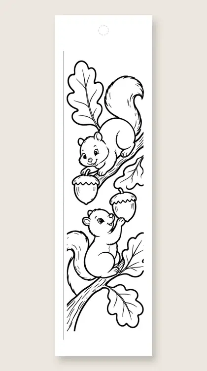 Squirrel pair on a branch: fall coloring bookmark