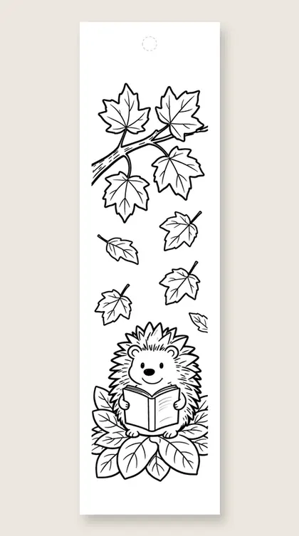Hedgehog reading in leaves: coloring bookmark