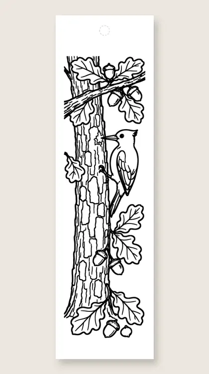 Woodpecker on an oak: fall coloring bookmark