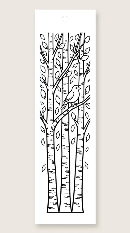 Birch trees and leaves: fall coloring bookmark