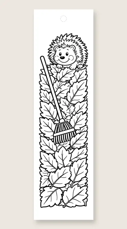 Rake and leaf pile: fall coloring bookmark