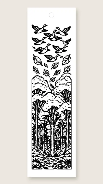 Geese flying over trees: fall coloring bookmark