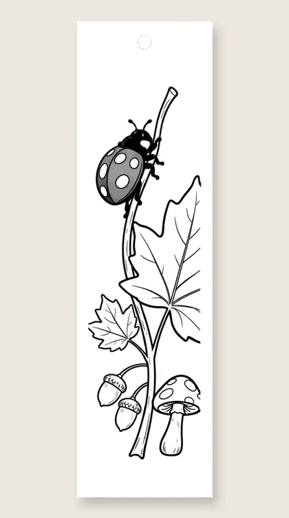 Ladybug climbs a maple leaf: fall coloring bookmark