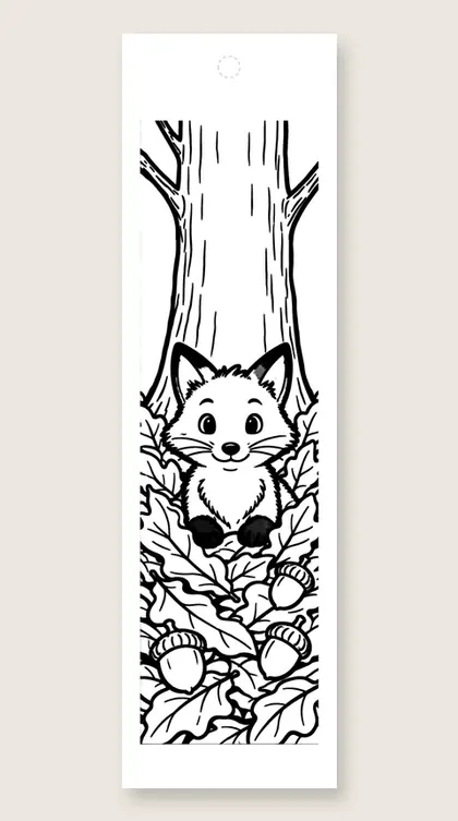 Fox cub in the leaves: fall coloring bookmark