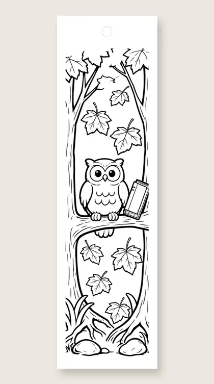 Owl in a maple tree: coloring bookmark
