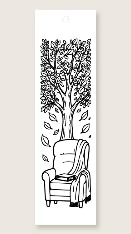 Reading chair and leaves: fall coloring bookmark