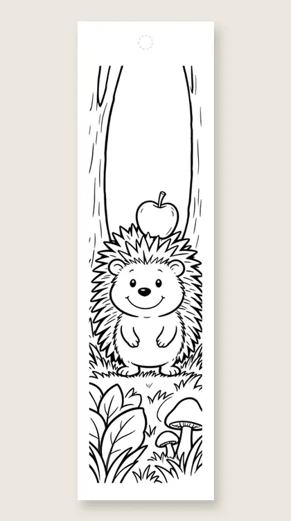 Hedgehog with an apple: fall coloring bookmark