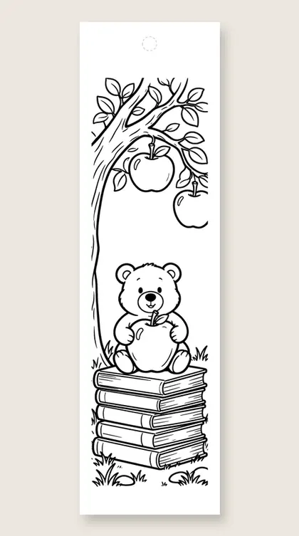 Bear cub with apples: coloring bookmark